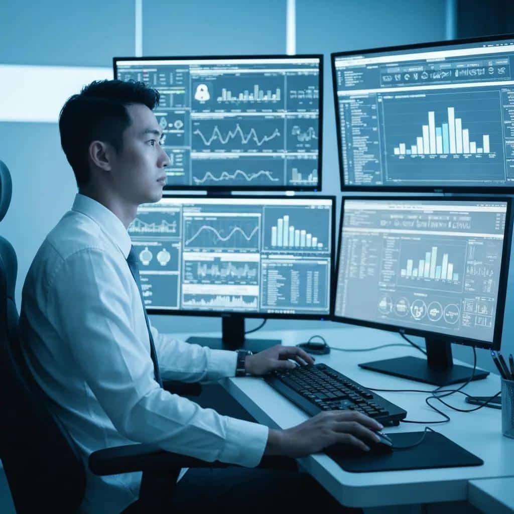 A cybersecurity expert intently monitoring security alerts within a high-tech control room, highlighting the paramount importance of cybersecurity in the managed IT services sector.