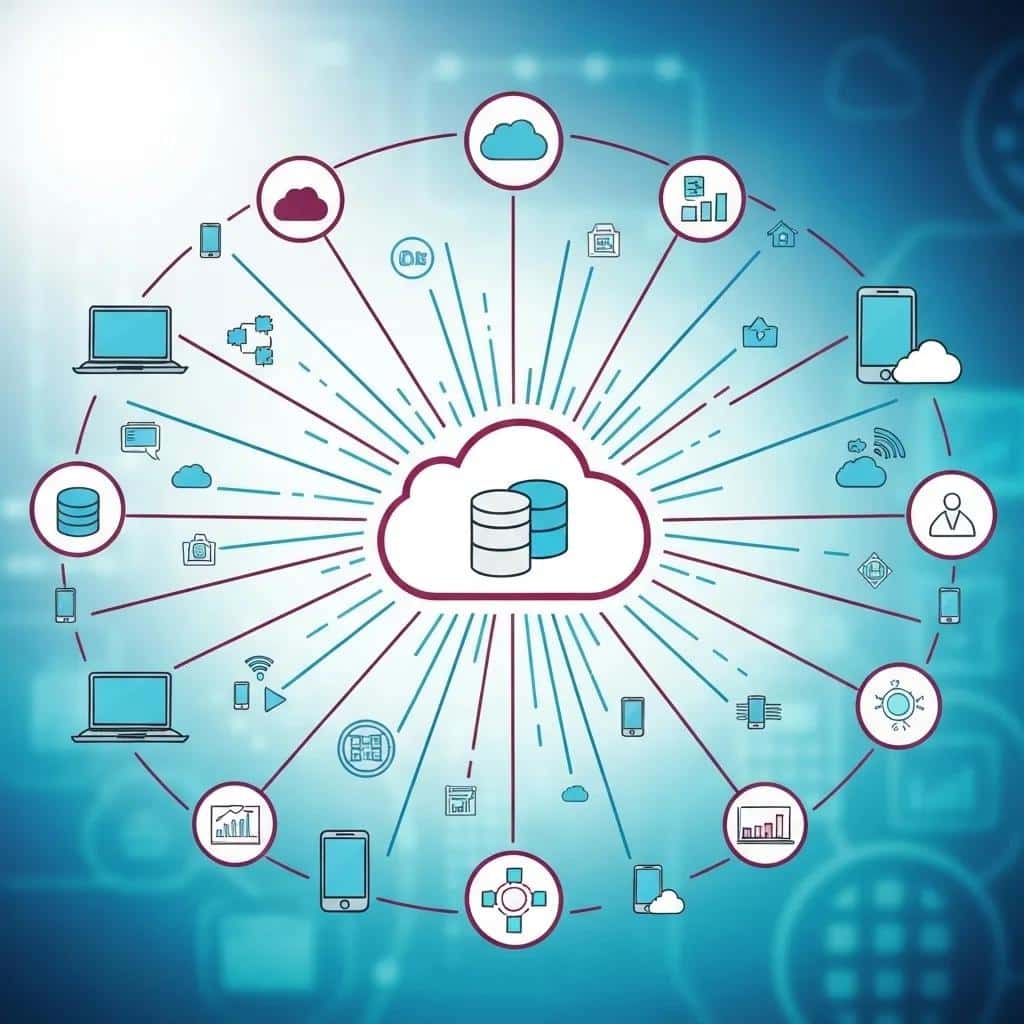An illustration depicting cloud computing with interconnected devices, symbolizing the expansion of managed IT services through cloud technology.