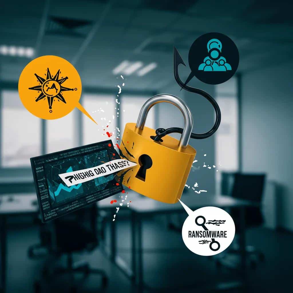 Illustration of advanced cybersecurity threats like AI-powered phishing and ransomware affecting Englewood NJ small businesses