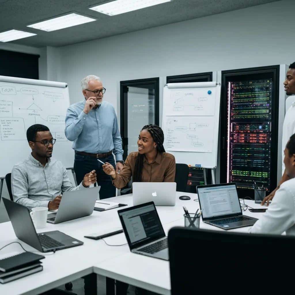 A team of IT professionals collaborating in a modern office, illustrating the benefits of managed IT support services