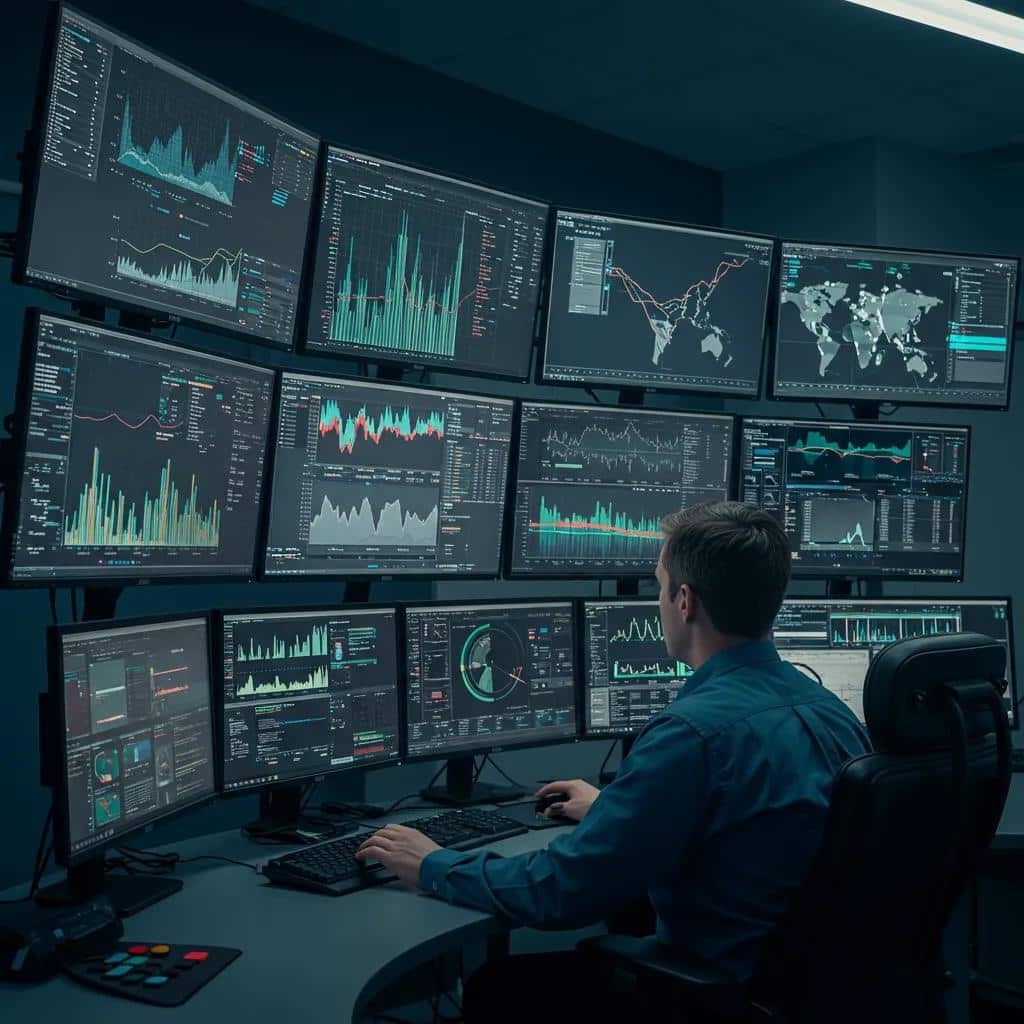 Technician monitoring network performance metrics in a control room, illustrating proactive IT management benefits