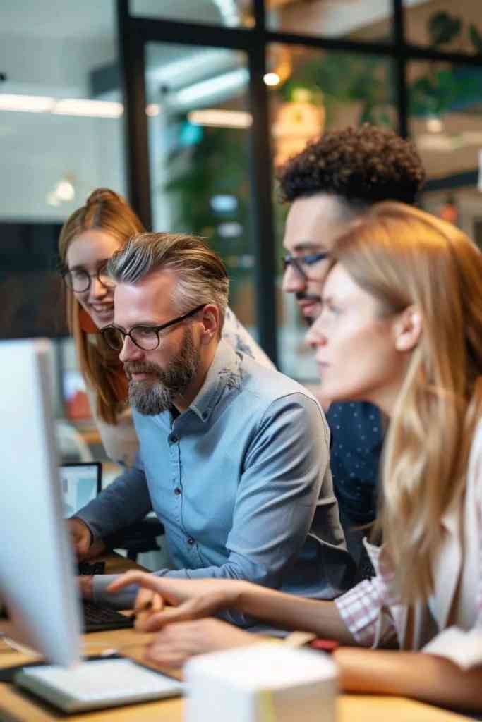 A diverse team of IT professionals collaborating efficiently at a modern helpdesk station