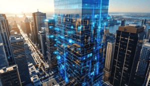 Modern glass skyscraper in New York City illuminated with digital network graphics, symbolizing smart technology infrastructure and managed IT services.