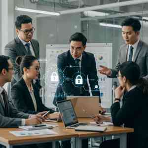 Business professionals collaborating on cybersecurity strategies in a modern office