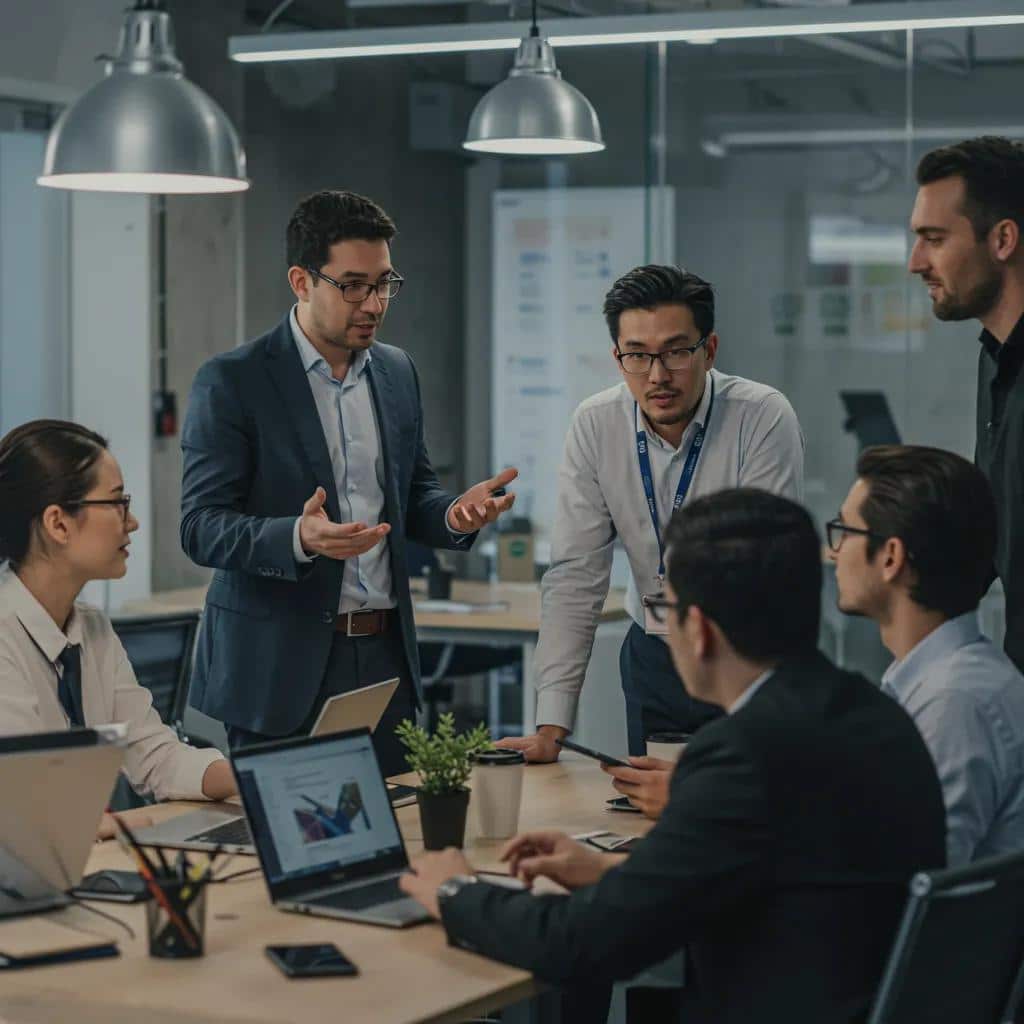 Business professionals collaborating on managed IT service solutions in a modern office