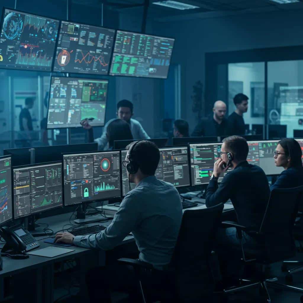 Cybersecurity team responding to a security incident in a high-tech operations center