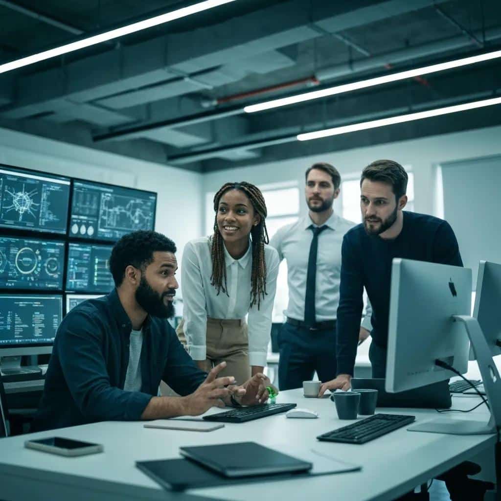 Dedicated IT security professionals collaborating on advanced cybersecurity strategies for small and medium-sized businesses